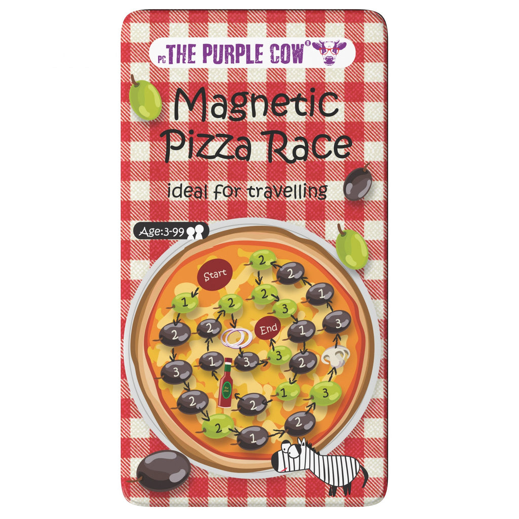 Capa do jogo de tabuleiro magnético "Magnetic Pizza Race" da The Purple Cow, com fundo de toalha de mesa xadrez vermelha e branca, mostrando a pista de corrida na pizza. Idade: 3-99.