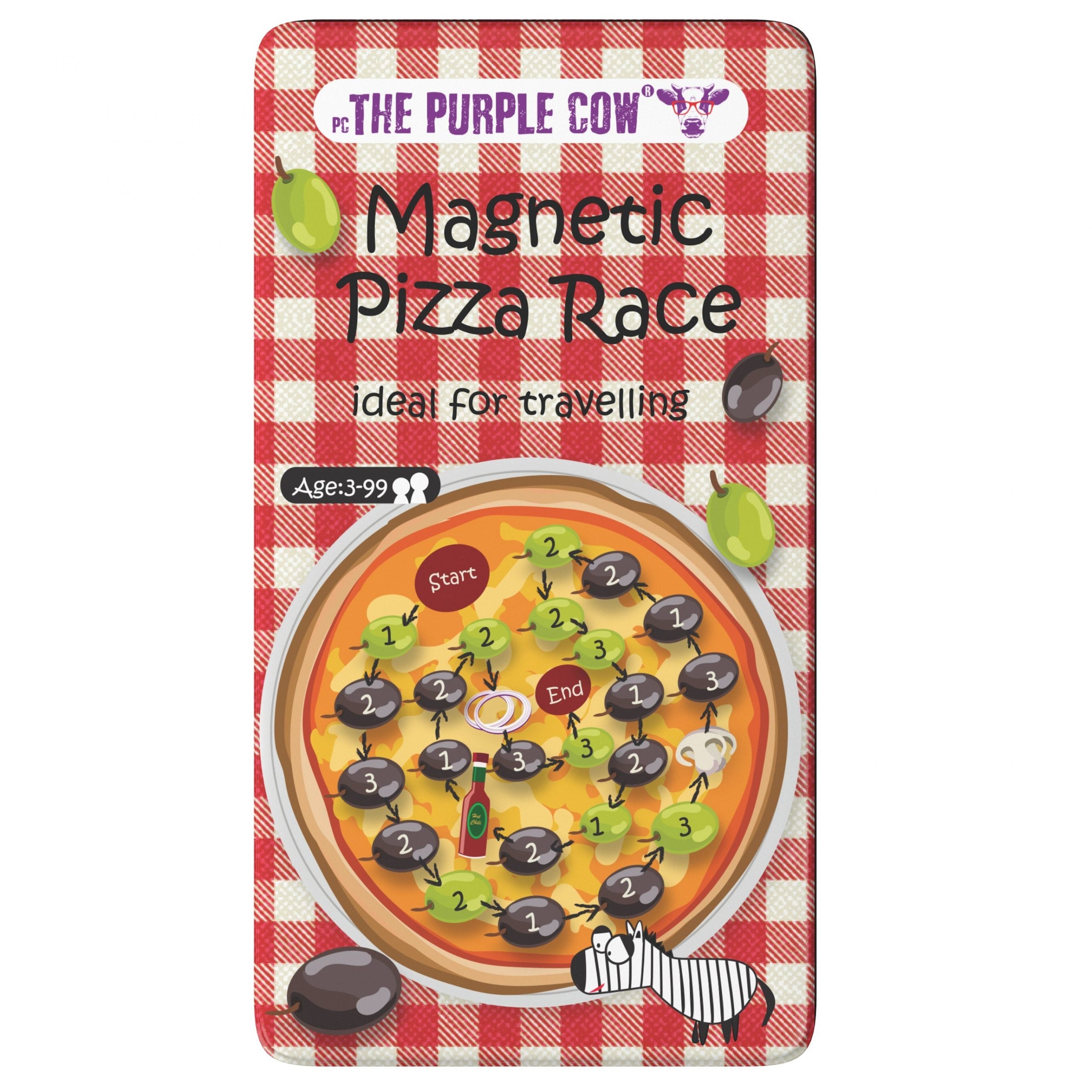Capa do jogo de tabuleiro magnético "Magnetic Pizza Race" da The Purple Cow, com fundo de toalha de mesa xadrez vermelha e branca, mostrando a pista de corrida na pizza. Idade: 3-99.