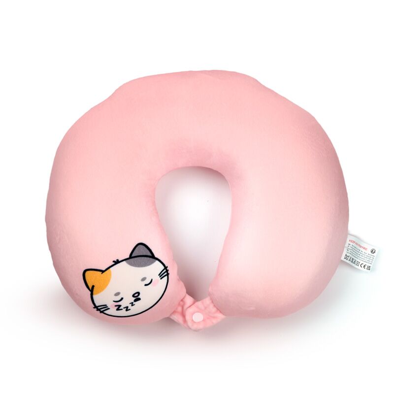 Almofada de pescoço rosa da Puckator Adoramals Swapseazzz Gato, em forma de U, com design de gato tricolor bordado. Ideal para viagens confortáveis.