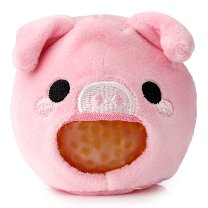 Brinquedo de apertar Queasy Squeezies da Puckator, pelúcia rosa em forma de porco com interior de contas visível ao espremer.