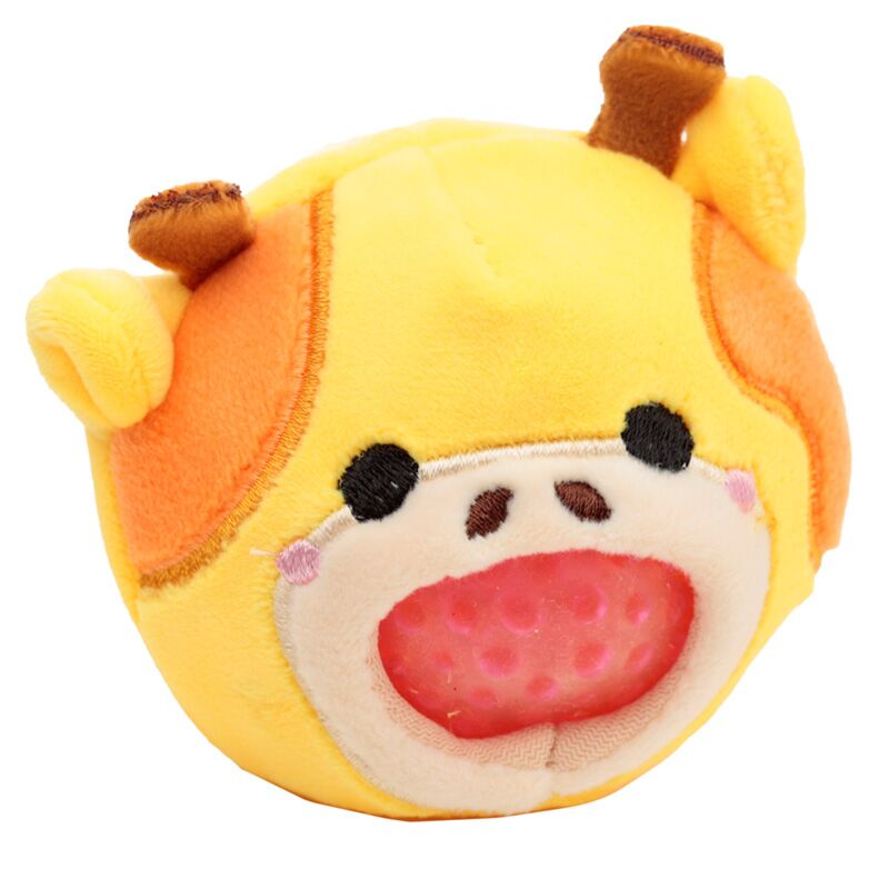 Adoramal Queasy Squeezies da Puckator em forma de girafa, peluche macio com contas cor-de-rosa visíveis no interior.