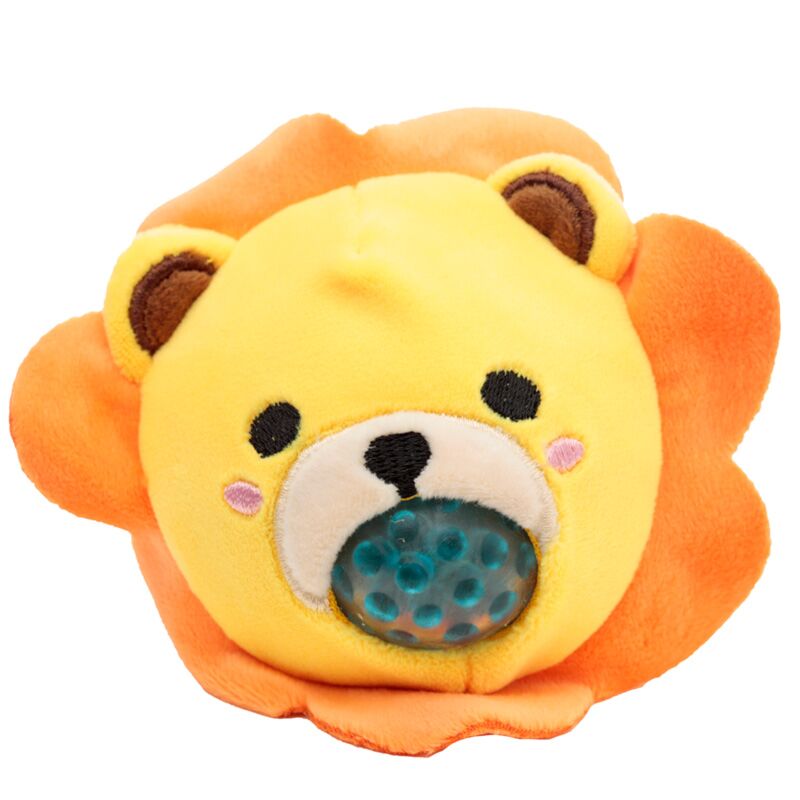 Adoramal Queasy Squeezies da Puckator em forma de leão, peluche macio com contas azuis visíveis no interior.