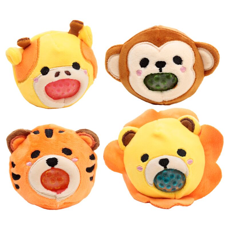 Quatro Adoramals Queasy Squeezies da Puckator: leão, tigre, girafa e macaco, peluches macios com contas coloridas no interior.