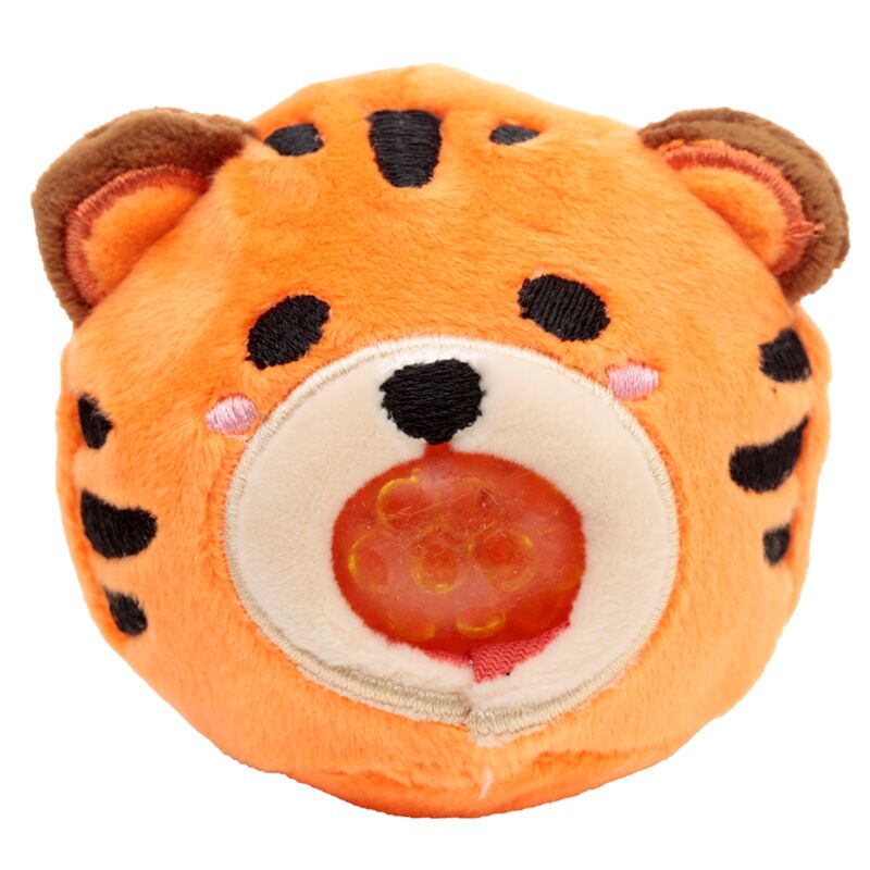 Close-up do peluche Puckator Adoramals Queasy Squeezies de tigre laranja, mostrando o centro espremível com bolhas laranjas.