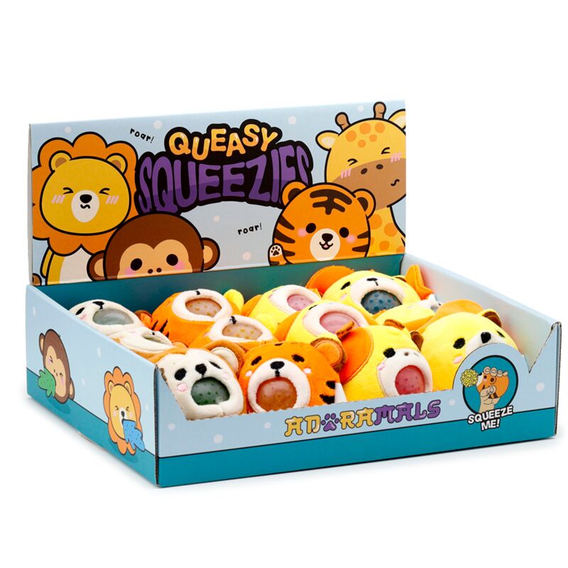 Expositor com vários Adoramals Queasy Squeezies da Puckator, peluches de animais do zoo com contas coloridas espremedoras.
