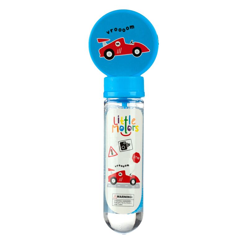 Frasco individual de bolhas de sabão "Little Motors" com tampa azul, apresentando um carro de corrida vermelho e símbolos de trânsito.