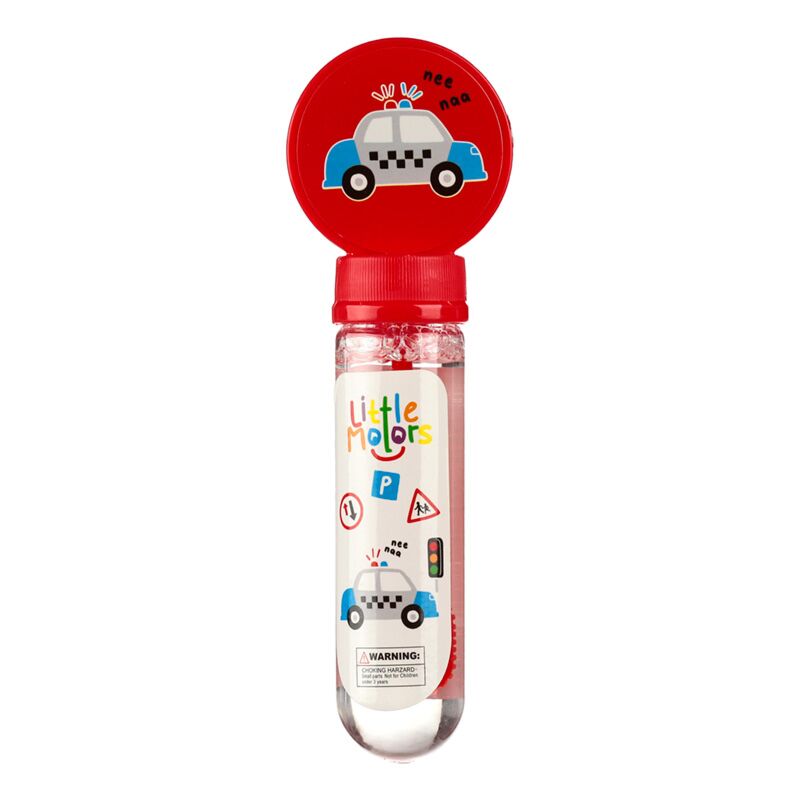 Frasco individual de bolhas de sabão "Little Motors" com tampa vermelha, apresentando um carro de polícia azul e símbolos de trânsito.