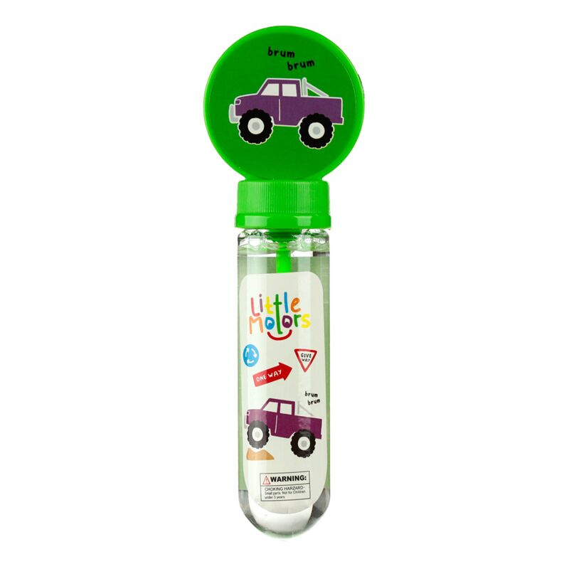 Frasco individual de bolhas de sabão "Little Motors" com tampa verde, apresentando um jipe roxo e símbolos de trânsito.