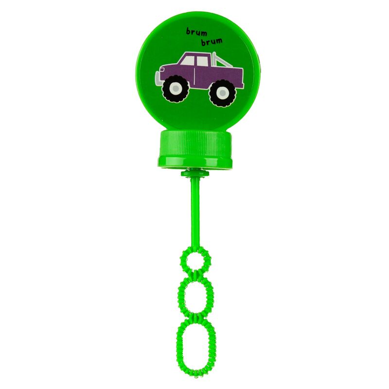 Frasco de bolhas de sabão Puckator com tampa redonda verde, ilustrada com um jipe roxo e a onomatopeia "brum brum".
