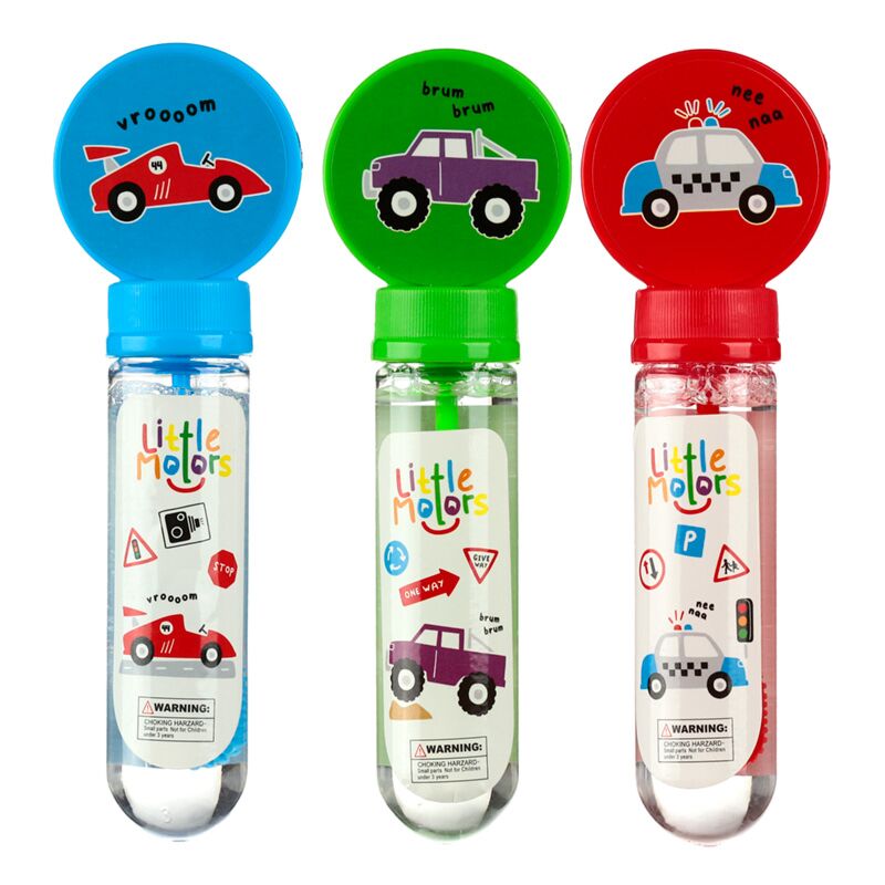 Três frascos de bolhas de sabão "Little Motors" (Puckator) lado a lado: um carro de corrida vermelho (tampa azul), um jipe roxo (tampa verde) e um carro de polícia (tampa vermelha).