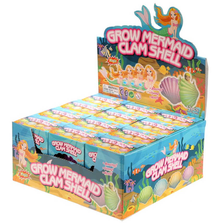 Caixa de exposição (display box) com 12 unidades da Concha Mágica Sereia da Puckator, mostrando o produto pronto para venda em loja.