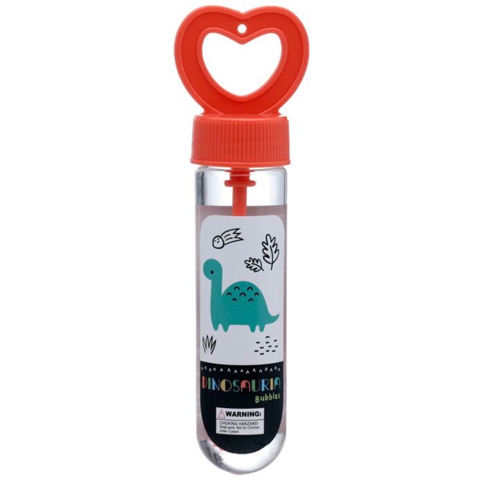 Frasco de bolhas de sabão Puckator com rótulo de dinossauro verde-água e tampa vermelha em forma de coração.