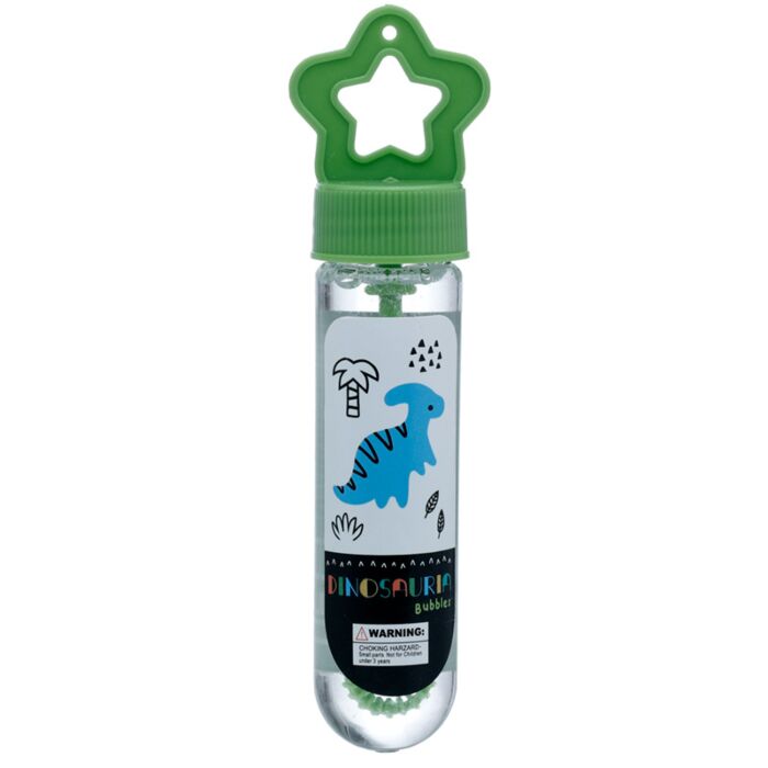 Frasco de bolhas de sabão Puckator com rótulo de dinossauro azul e tampa verde em forma de estrela.