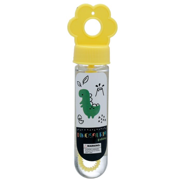 Frasco de bolhas de sabão Puckator com rótulo de dinossauro verde e tampa amarela em forma de flor.