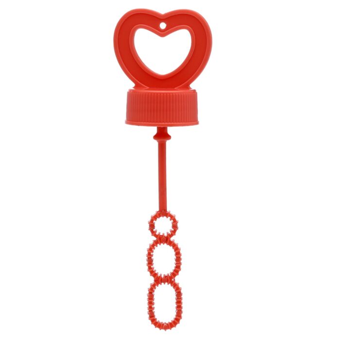 Detalhe da tampa vermelha em forma de coração e da varinha para soprar bolhas de sabão, com anéis em formato de corrente.