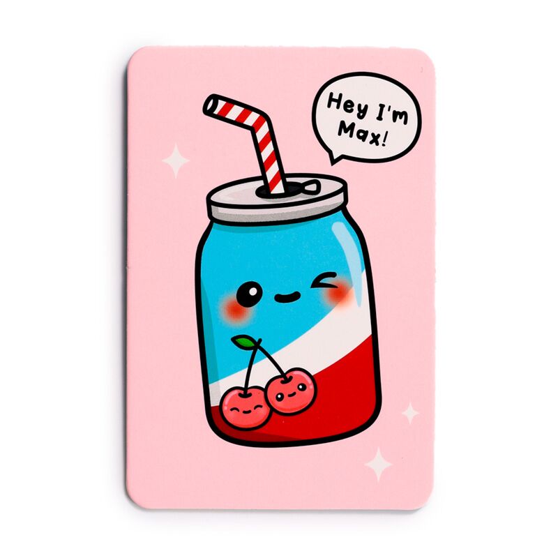 Carta de memória Foodiemals com uma bebida animada, identificada como "Max!", com cerejas e palhinha, sobre fundo rosa.