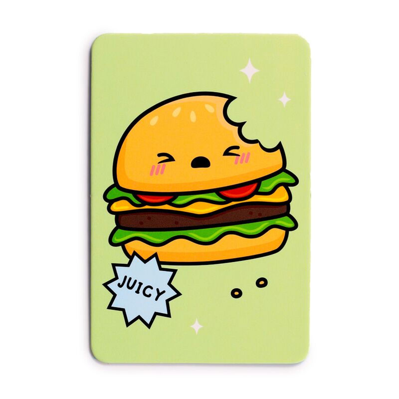 Carta de memória Foodiemals com um hambúrguer kawaii a quem falta uma dentada, com a palavra "JUICY" num balão, sobre fundo verde-claro.