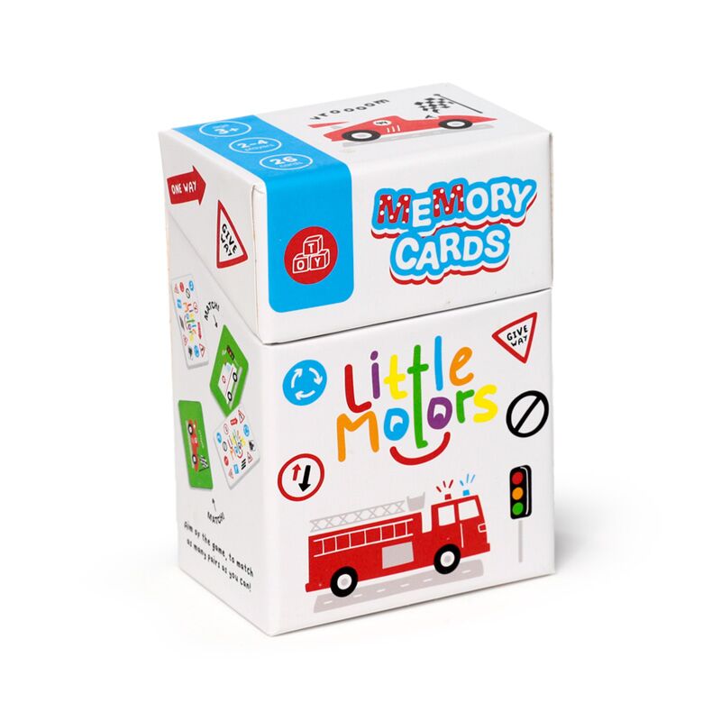 Caixa do jogo de cartas de memória Little Motors da Puckator, mostrando a frente com ilustrações de carros e um bombeiro.