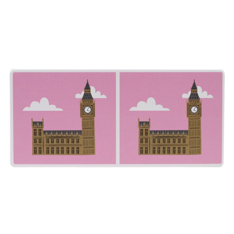 Duas peças de dominó infantis com ilustrações do Big Ben (Palácio de Westminster) em Londres, sobre fundo rosa.