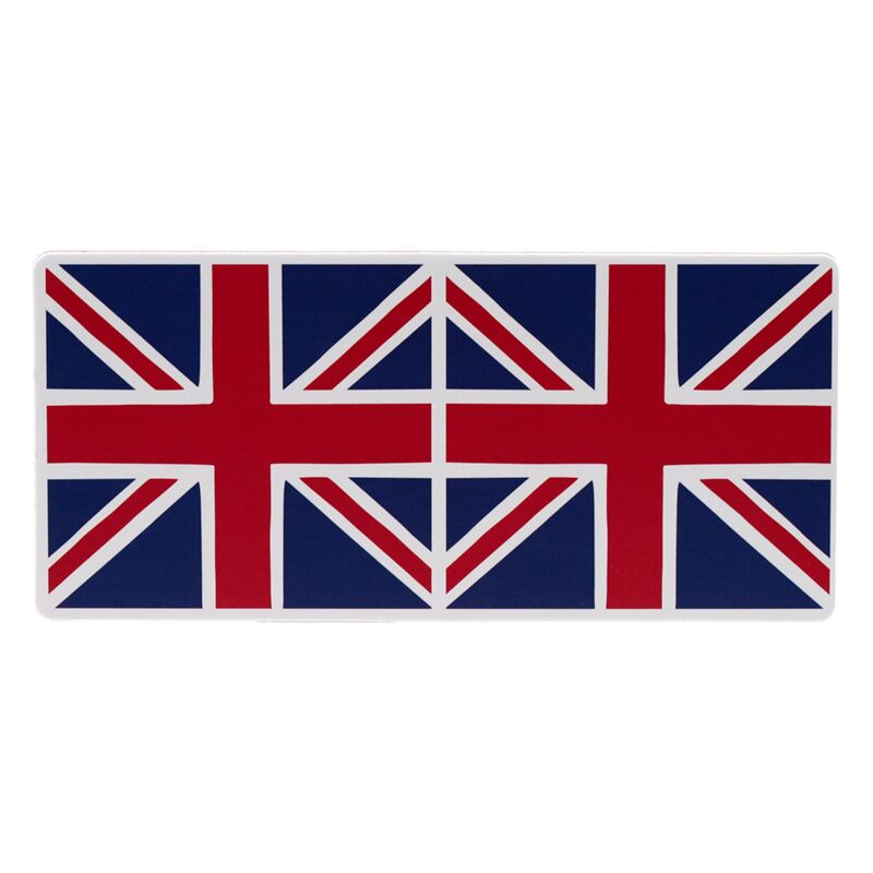 Detalhe de duas peças de dominó unidas, apresentando o padrão da bandeira do Reino Unido (Union Jack) em azul, vermelho e branco.