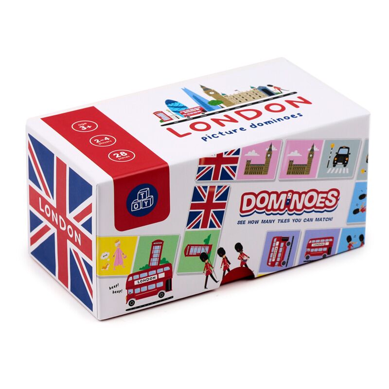Caixa do jogo de dominó infantil Puckator Londres com ilustrações de ícones britânicos como o Big Ben e autocarros vermelhos.