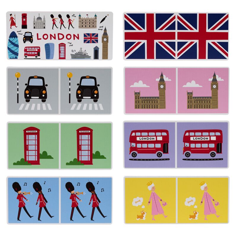 Detalhe das ilustrações das 28 peças do dominó de Londres, incluindo Big Ben, cabines telefónicas, carros pretos e guardas.
