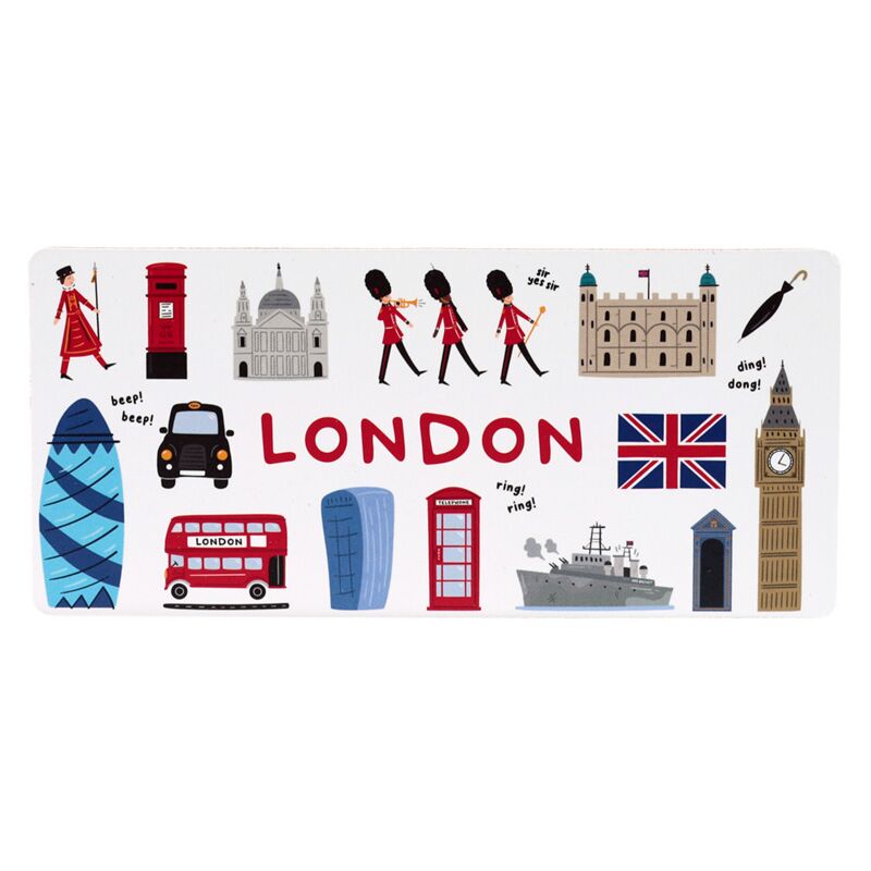 Ilustração colorida de vários ícones de Londres (Big Ben, autocarro vermelho, cabine telefónica) no conjunto de dominó infantil da Puckator.