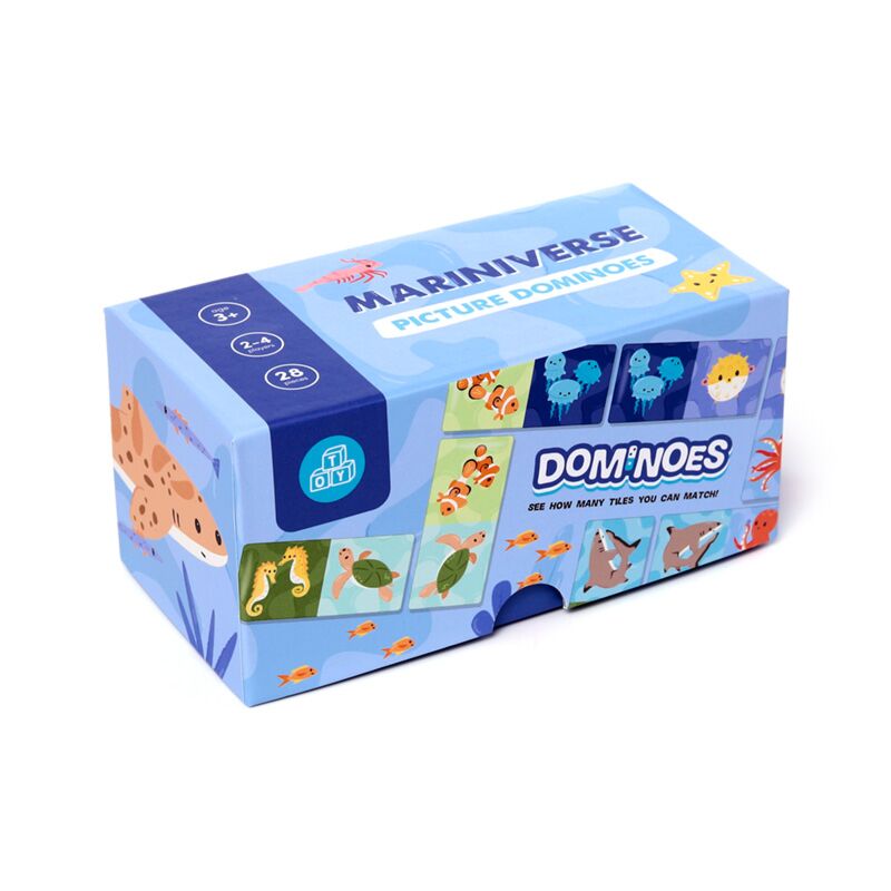 Caixa do jogo de dominó Mariniverse da Puckator, mostrando as ilustrações coloridas de animais marinhos e as informações do jogo.