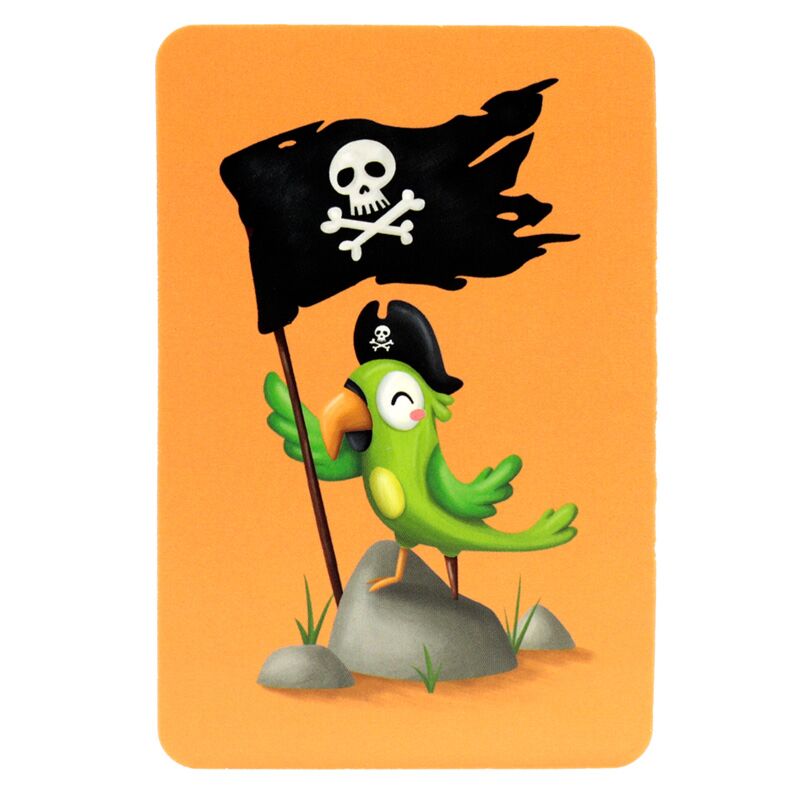 Carta de memória do jogo Pirata Jolly Rogers: papagaio verde sorridente com chapéu de pirata a segurar uma bandeira Jolly Roger preta.