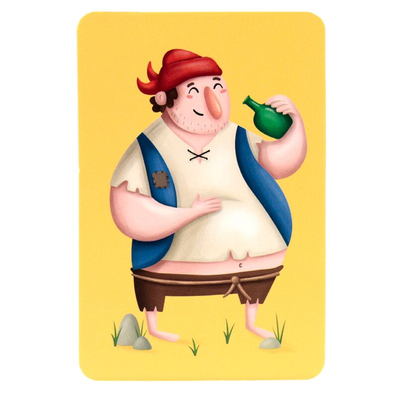 Carta de memória do jogo Pirata Jolly Rogers com ilustração de um pirata gordo a beber de uma garrafa verde, sobre fundo amarelo.