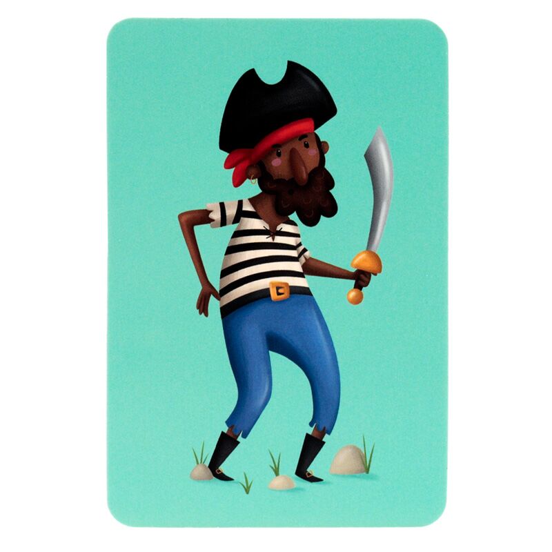 Carta de memória do jogo Pirata Jolly Rogers com ilustração de um pirata negro de barba, camisa listrada e sabre, sobre fundo verde-água.