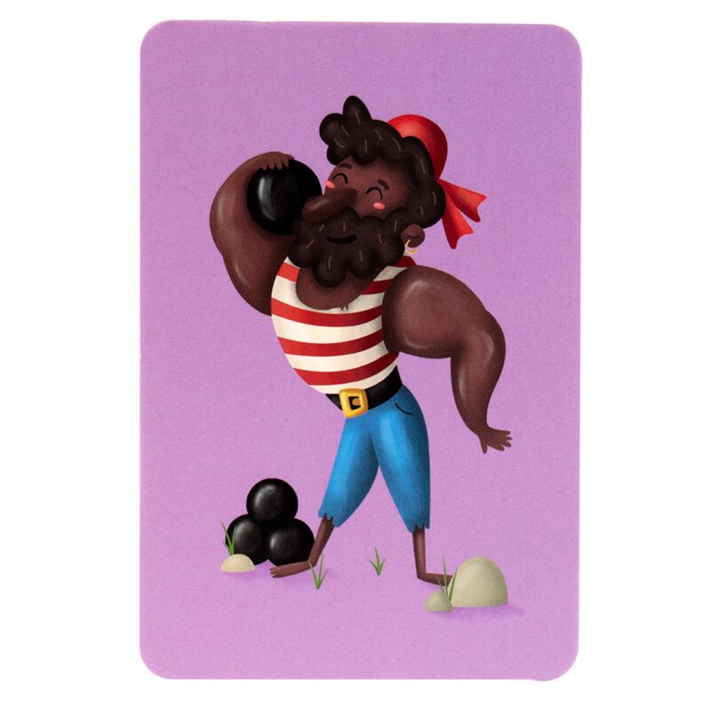 Carta de memória do jogo Pirata Jolly Rogers com ilustração de um pirata forte, musculado, a levantar um canhão, sobre fundo lilás.