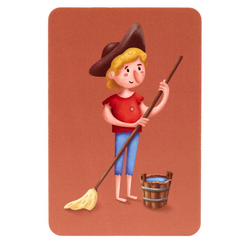 Carta de memória do jogo Pirata Jolly Rogers com ilustração de um jovem rapaz pirata a esfregar o chão com esfregona e balde, sobre fundo castanho-avermelhado.