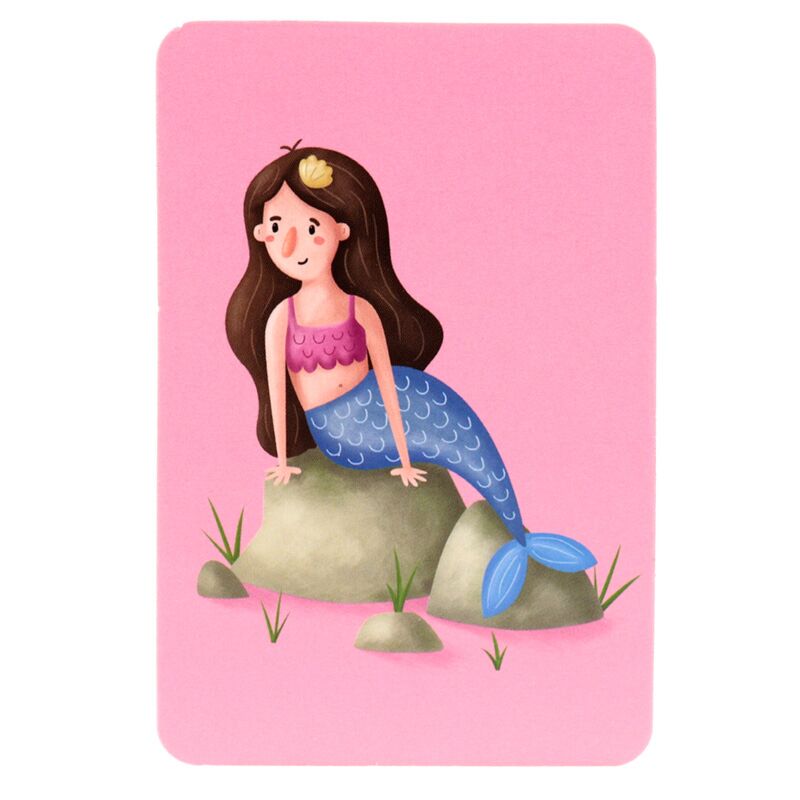 Carta de memória do jogo Pirata Jolly Rogers com ilustração de uma sereia de cabelo castanho sentada numa rocha, sobre fundo rosa.
