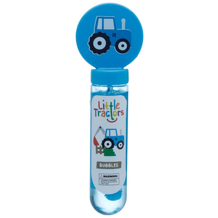 Frasco de bolhas de sabão Puckator de 35ml com tampa de trator vermelho, mostrando o formato ergonómico.