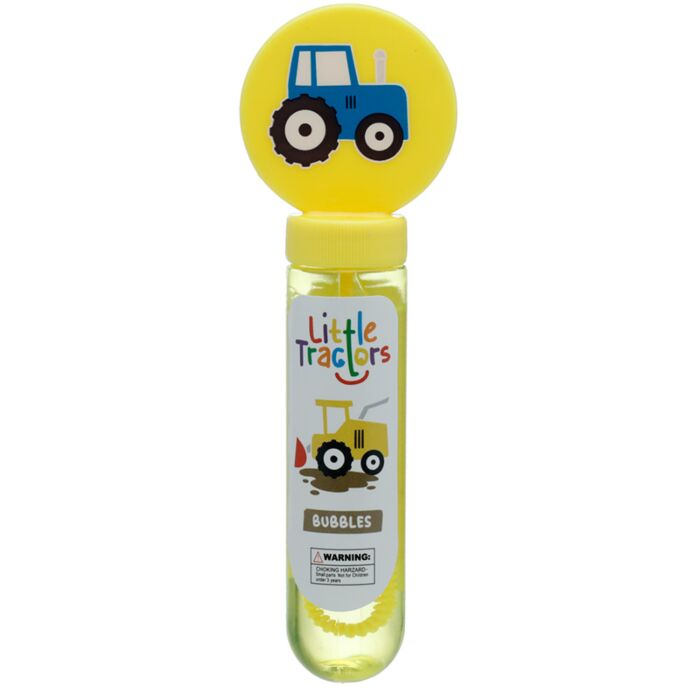 Frasco de bolhas de sabão Puckator com tampa decorada com um trator amarelo, ideal para festas infantis.