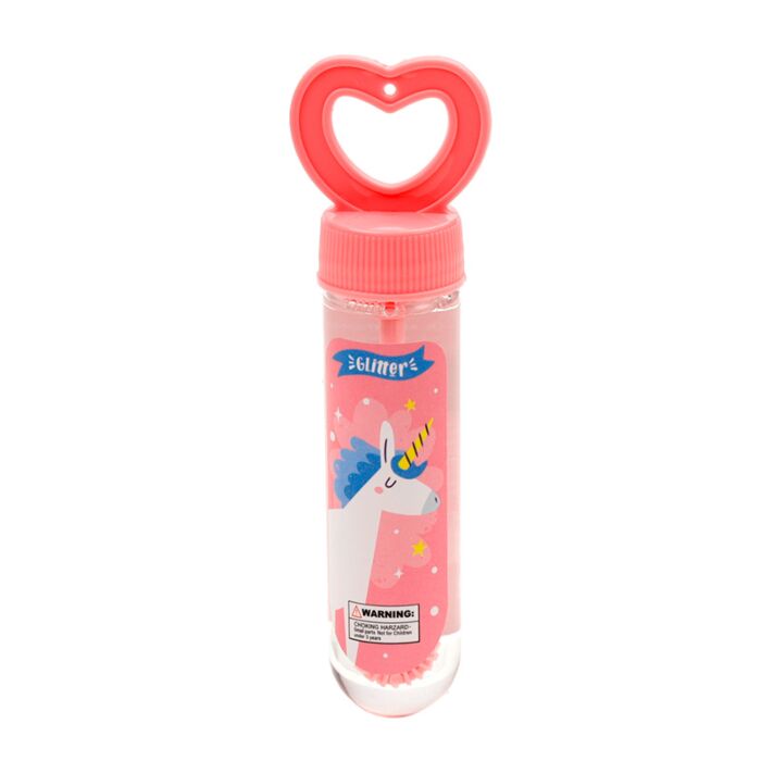 Frasco individual de bolas de sabão Puckator Unicórnio, com tampa rosa em forma de coração e rótulo "Glitter" em fundo rosa.