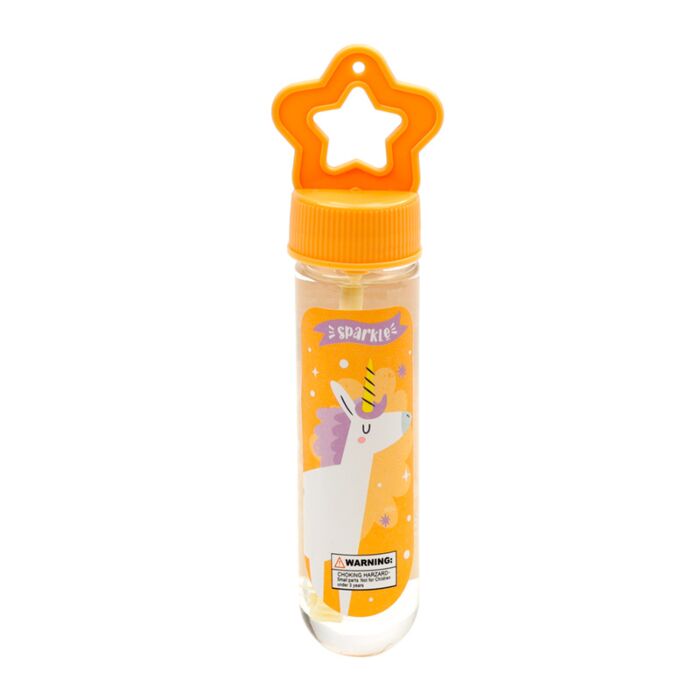 Frasco individual de bolas de sabão Puckator Unicórnio, com tampa laranja em forma de estrela e rótulo "Sparkle" em fundo amarelo.