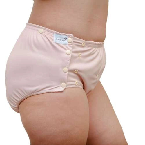 Vista lateral da cueca impermeável Pupus para adulto mostrando o ajuste por molas