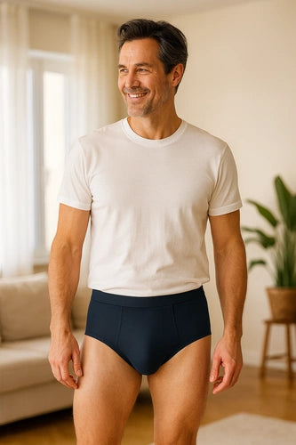 Detalhe da zona de absorção interna das cuecas masculinas Pupus com indicação de 100ml de capacidade.