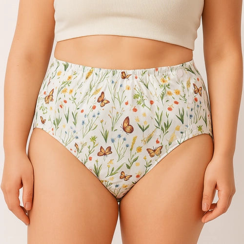 Cuecas impermeáveis reutilizáveis para adulto Pupus com padrão de borboletas e flores.