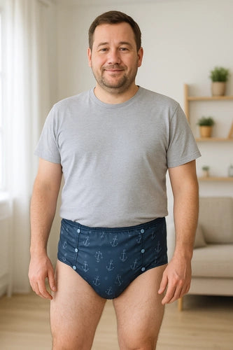 Homem a utilizar as cuecas impermeáveis Pupus com padrão de âncoras