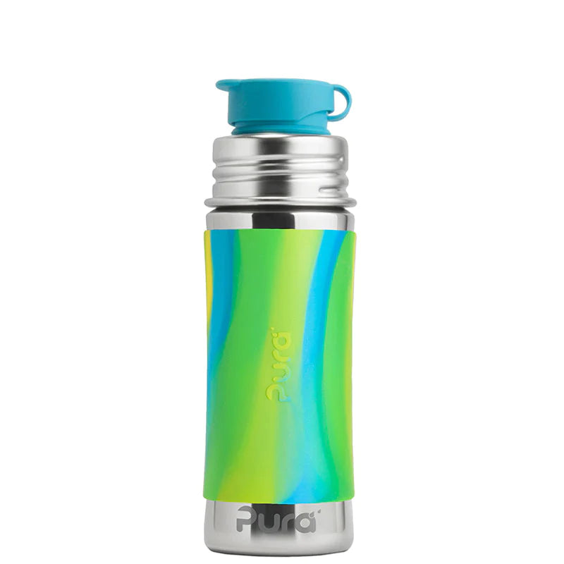 Garrafa Pura SPORT 850ml em aço inoxidável com manga de silicone azul e verde em espiral, topo de silicone azul e base em metal.