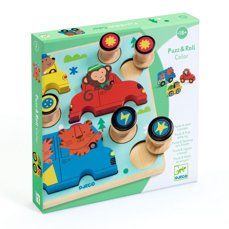 Caixa do Djeco Puzz and Roll, um puzzle de madeira com carros de animais, mostrando o conteúdo e a idade recomendada de +18 meses.