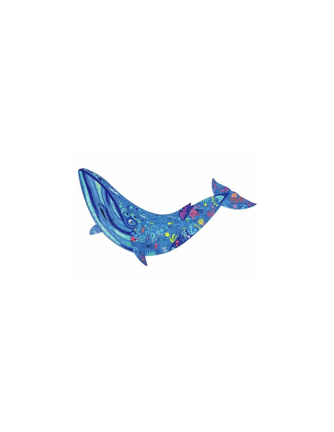 Hape Puzzle Baleia Brilhante de 200 peças montado, exibindo a forma de uma baleia azul com ilustrações coloridas de vida marinha.