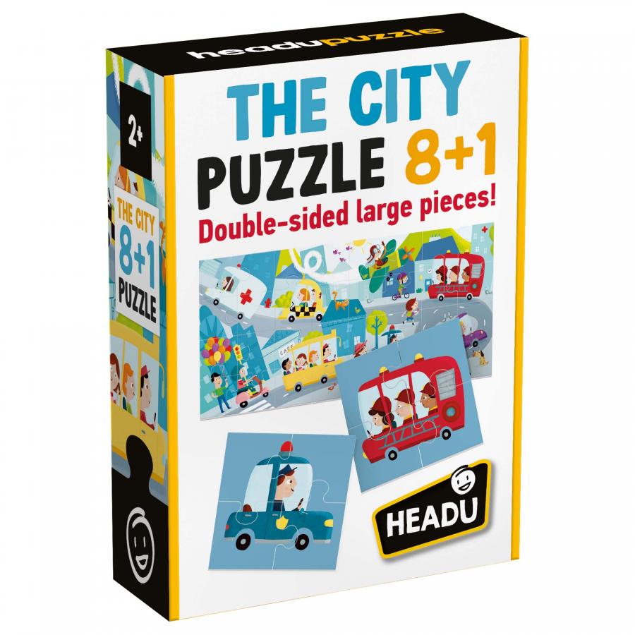 Puzzle Headu 8+1 The City com peças coloridas espalhadas.