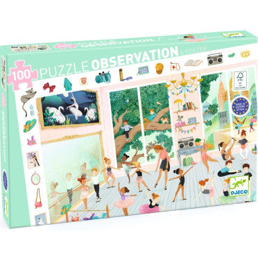 O Djeco Puzzle Observação Escola de Dança de 100 peças montado, revelando a cena completa de bailarinos e elementos de observação na borda.
