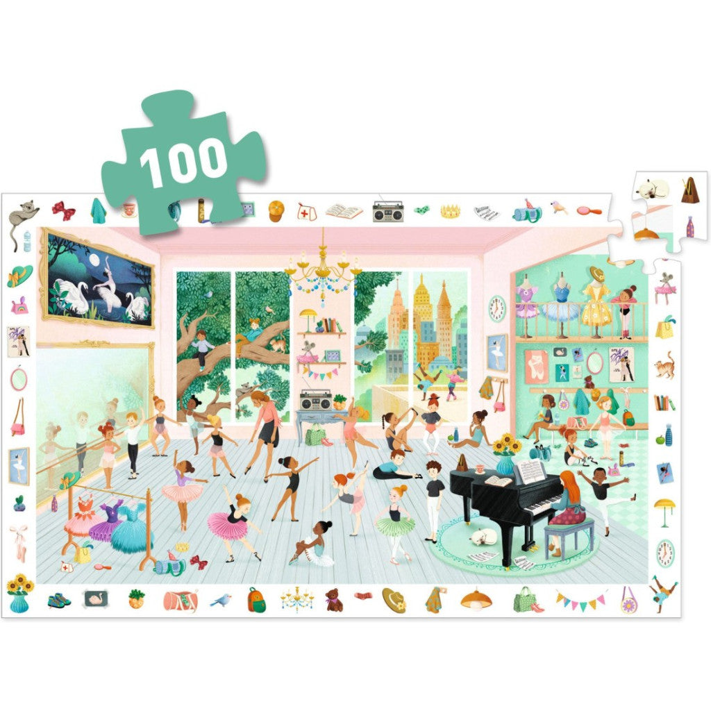 Detalhe de uma peça do Djeco Puzzle Observação Escola de Dança, com uma lupa a realçar um elemento a ser encontrado no puzzle completo, ilustrando a mecânica do jogo.