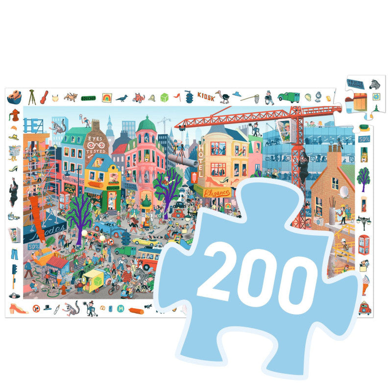 Puzzle Djeco Observação A cidade 200 peças montado, com uma peça solta a exibir o número de peças.