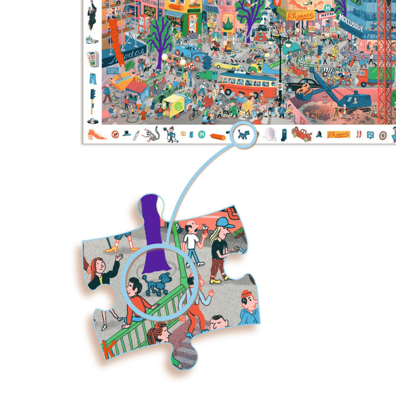 Detalhe de uma peça do puzzle Djeco Observação A cidade 200 peças, mostrando a ilustração e o foco nos detalhes.